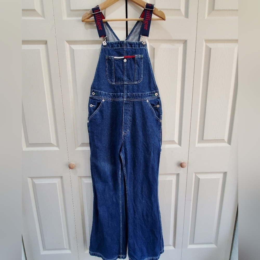 VTG Y2k Tommy Hilfiger Bib Overalls Spell Out Straps Flag Jeans Carpenter Cargo